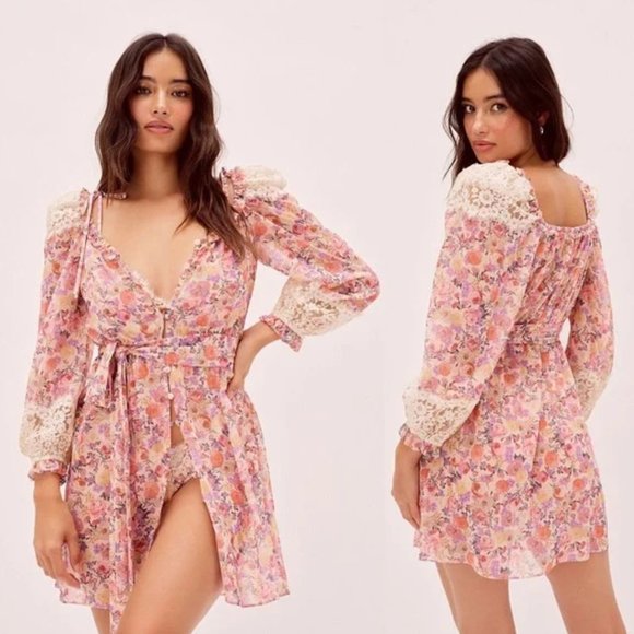 For Love And Lemons Other - For Love and Lemons Gardenia Robe Floral Print Lace Sheer Mini Dress Pink XXS